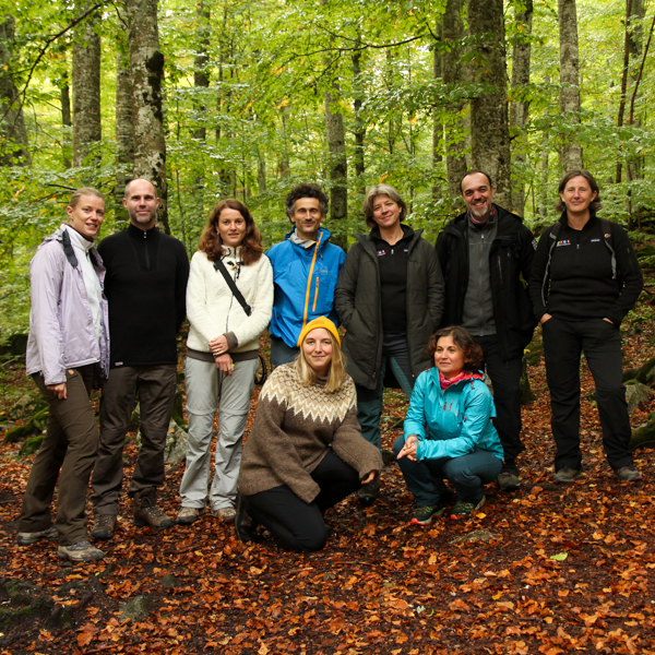 Photo of the nine members of the FOS Europe team in a forest.